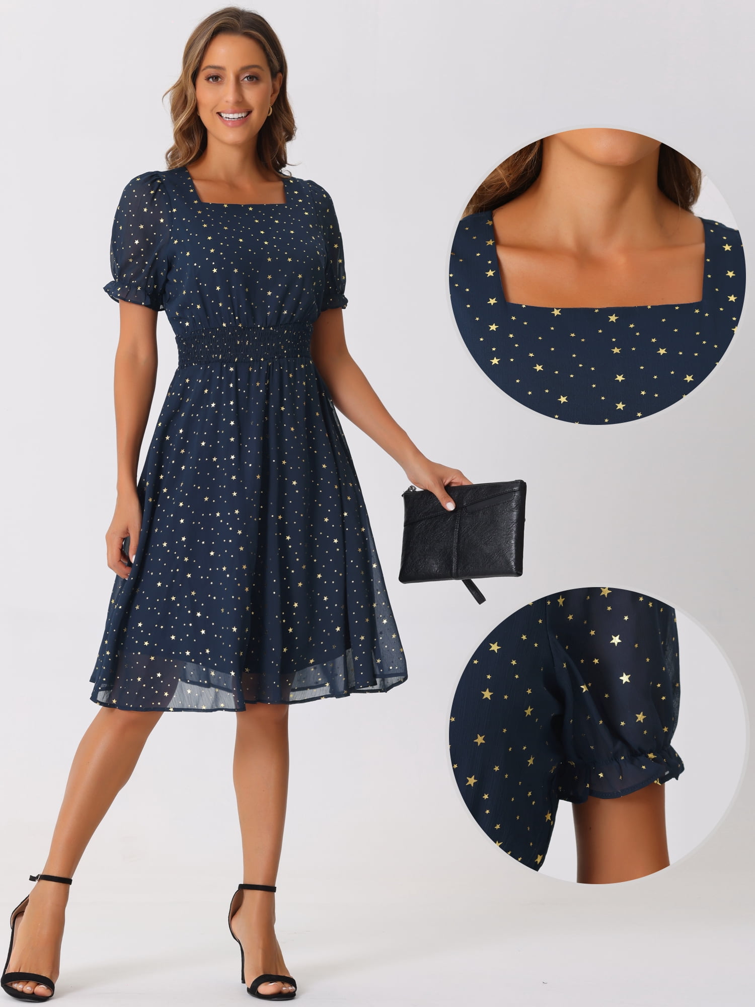 DARING DIVA Ruffle Short Sleeve Metallic Stars Dress S Dark Blue
