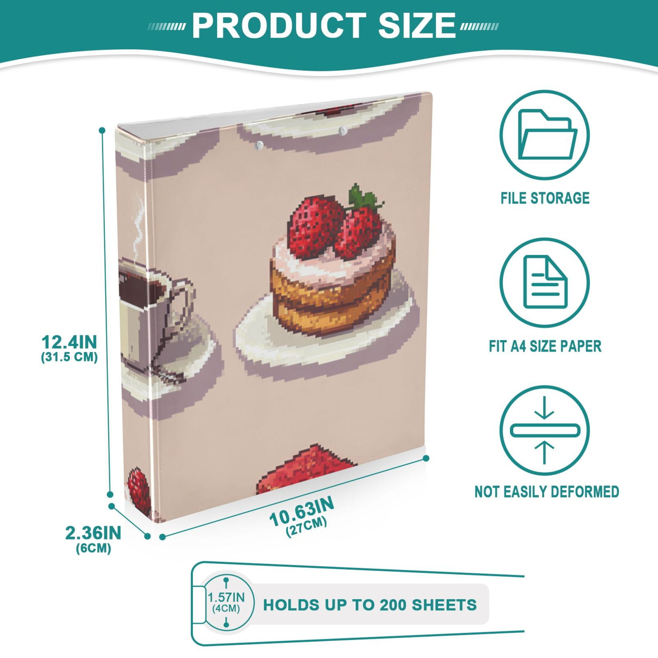 Pixel Cakes and Strawberry 3 Ring Binders 1.5 inch Hardcover File Folders with Interior Pockets A4 Size Organizer for School Office Hospital