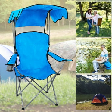 AQMD Folding Chair with Canopy Portable Chair for Outside Beach Chairs with Sun Shade, Cup Holder, Side Pocket, Camping Chairs for Outdoors (Blue)