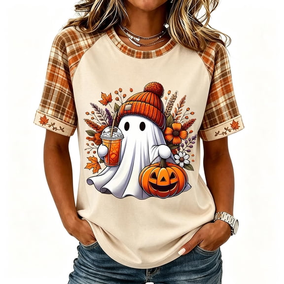 Vxararl Fall Shirts for Women Halloween Pumpkin Short Sleeve Funny Graphic Shirts Plus Size Ghost Graphic Cute Tees 2026 Funny Halloween Shirts Womens Halloween Shirts Beige L