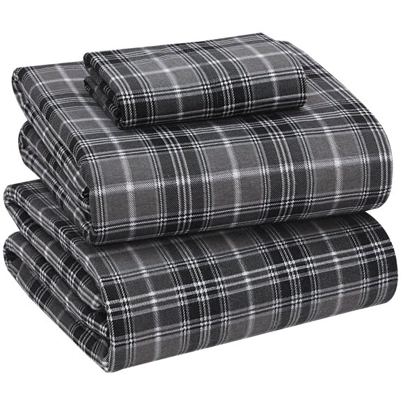 RUVANTI Flannel Sheets Twin XL Size - 100% Cotton Brushed Bed Sheet Sets - Deep Pockets 16 Inches (fits up to 18") - All Seasons Breathable & Super Soft - Warm & Cozy - 3 Pcs - Grey Plaid