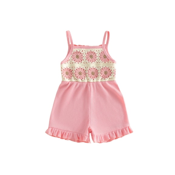 BemeyourBBs Toddler Baby Girl Summer Clothes One Piece Romper Outfit Strap Jumpsuit Overalls Cute Sleeveless Crochet Granny Square Floral Strawberry Embroidered Patchwork Ruffled Bottom Shorts