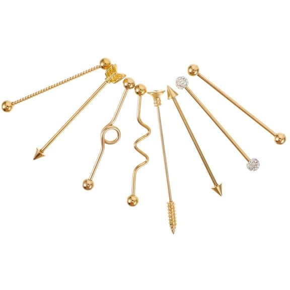 8Pcs Industrial Ear Studs Stainless Steel Arrows Screw Barbell Fashion Earring Piercing Jewelry for Woman Man (Golden)