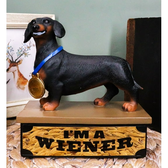 Award Trophy Dachshund Puppy Dog With Gold Medal Standing On Stage Figurine