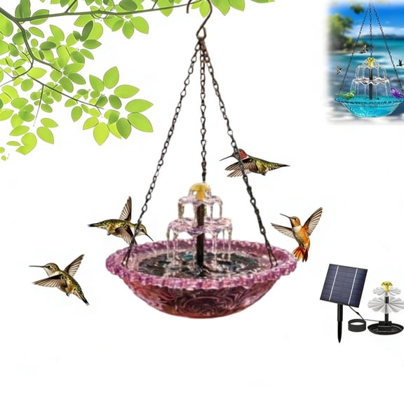 Hanging Solar Bird Bath with Fountain 18" Cord, Solar Powered Water Fountain, Outdoor Bird Bath for Garden Patio Yard Attracting Birds(Purple,B)