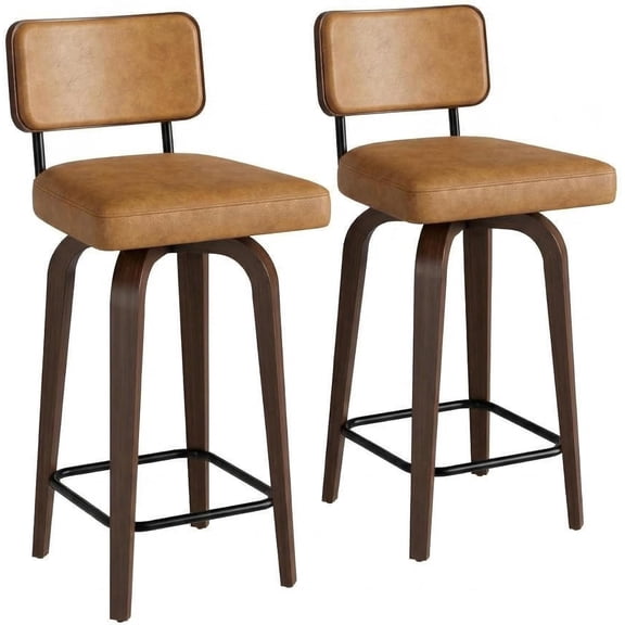 Swivel Counter Height Bar Stools Set of 2, 26" Upholstered Faux Leather Bar Stools with Back, Walnut Wood Legs, Mid-Century Modern Kitchen Island Chairs, Brown, 300 lbs Capacity