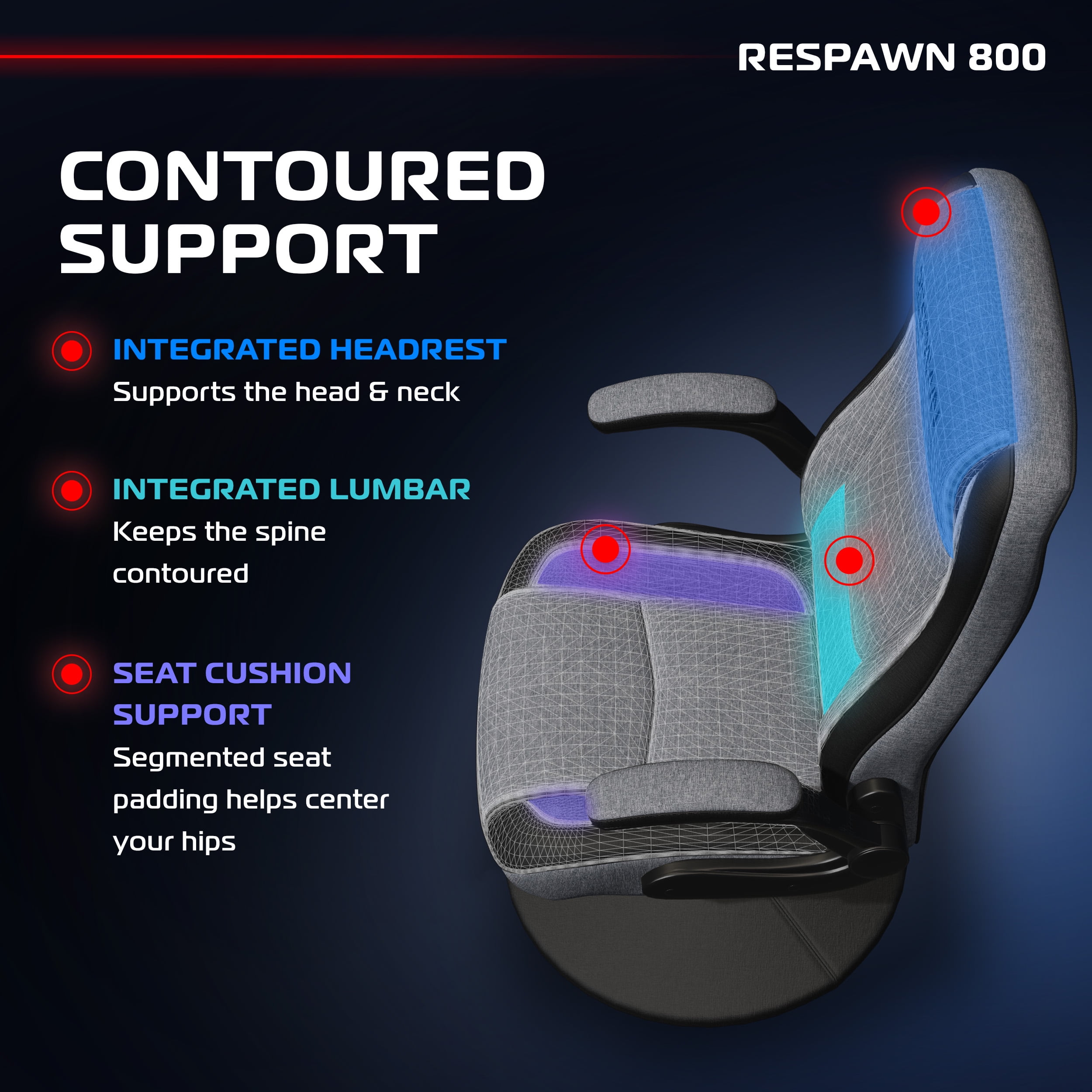 RESPAWN 800 Swivel Rocker Gaming Chair - Ergonomic Floor Gaming Seat with Lumbar Support, Flip Up Armrest, High Back, Pedestal Base, Comfortable No Wheels Consle Video Game Rocker Chair - Gray Fabric