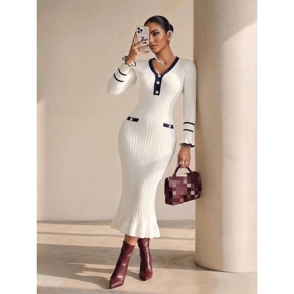 Women's Colorblock Knit Dress, Casual Daily Outfit