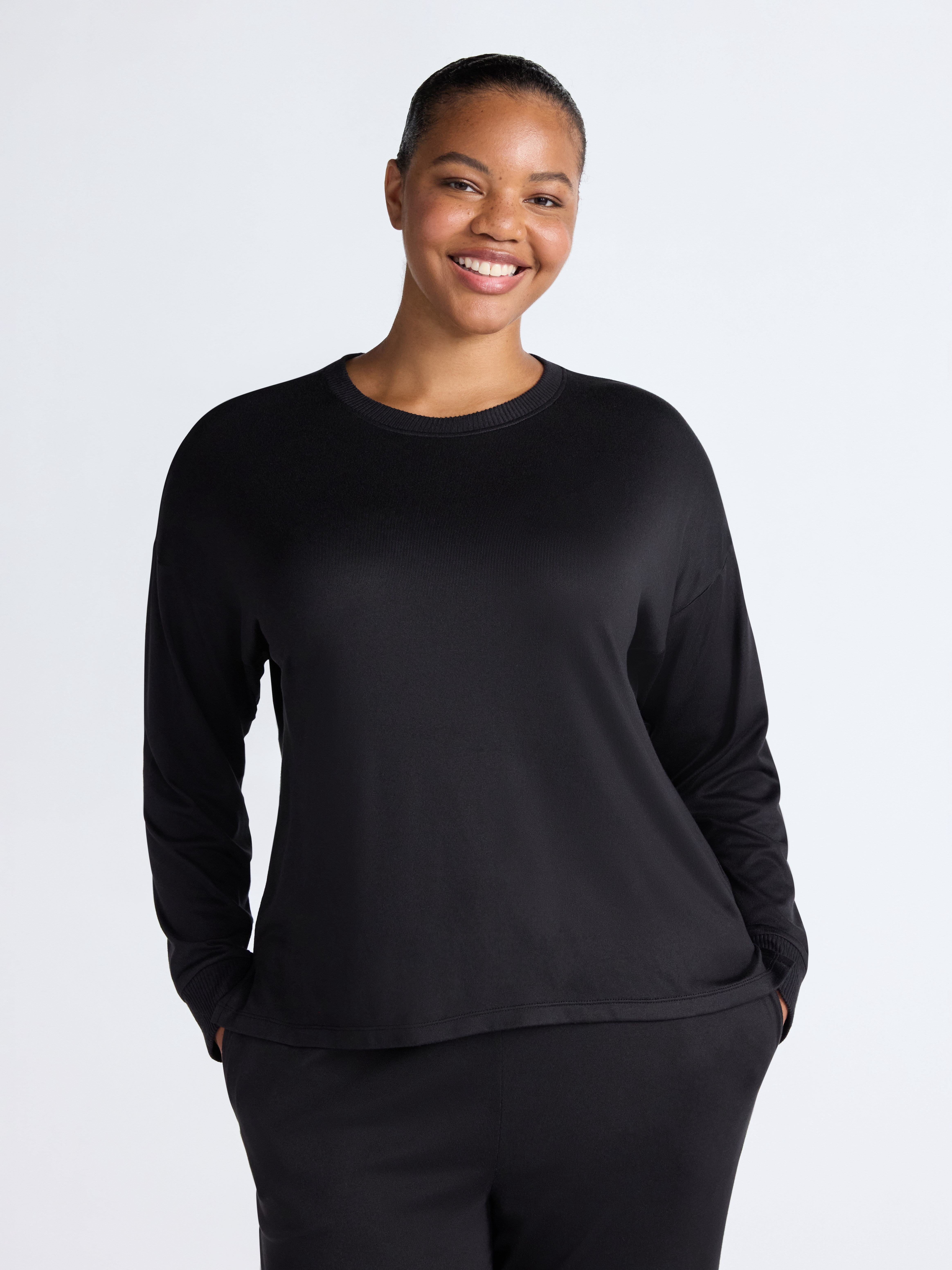 Joyspun Women's Fleece Drop Shoulder Sleep Top with Long Sleeves, Sizes XS-3X