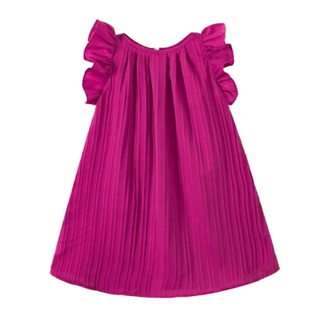 Rggeeun Toddler Girls Fly Sleeve Solid Color Dress Dance Party Dresses Clothes Stylish Casual O-Neck Sundress