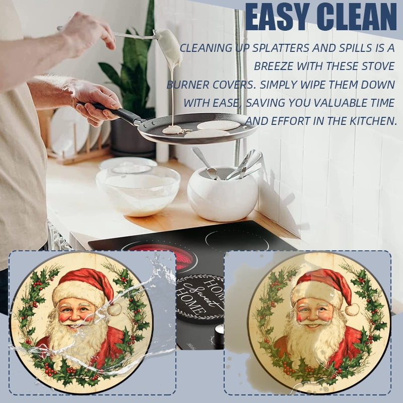 Christmas Round Electric Stove Burner Covers, Christmas Smiling Santa Claus with Xmas Wreath 4Pcs Top Covers for Electric Stove Burner for Kitchen Holiday Decoration, 8 Inches and 10 Inches