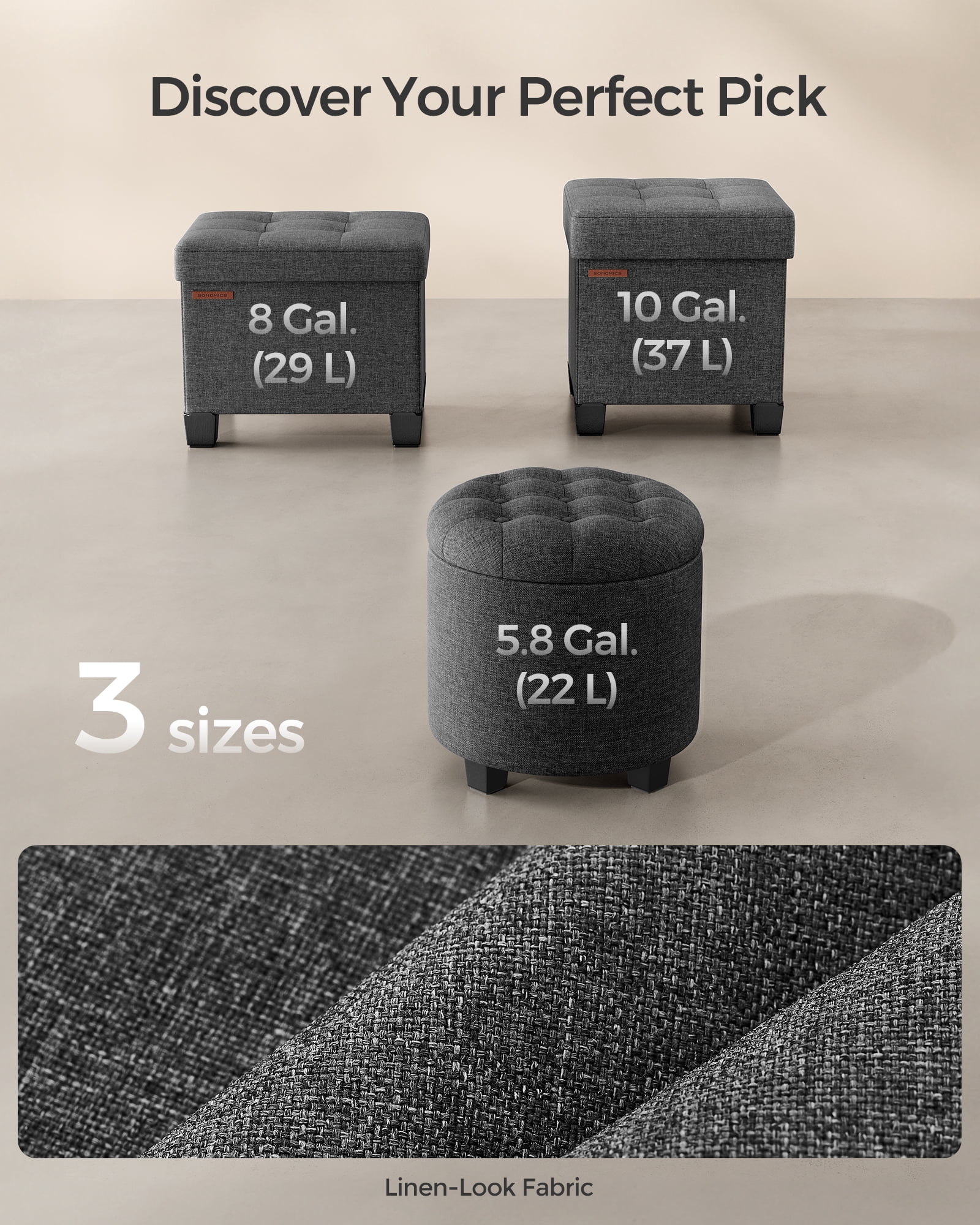 SONGMICS Round Storage Ottoman with Sturdy Legs, 17.7 Inch Diameter Foot Rest, Footstool Holds 330 lbs, Dark Gray