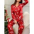 thumbnail image 6 of Red Womens Christmas Pajama Set Faux Silk Reindeer & Snowflake Print Long, 6 of 7