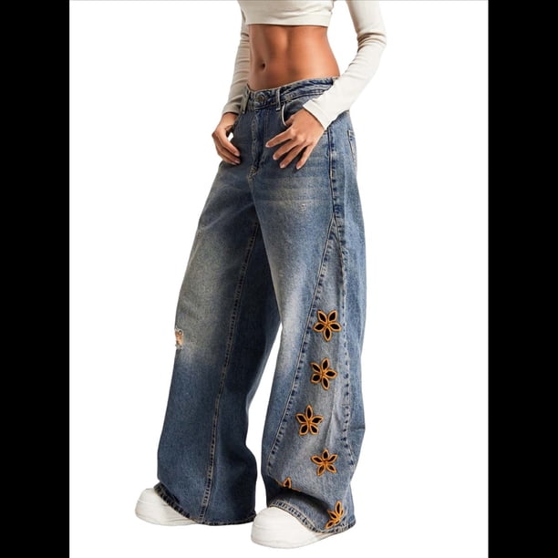 Pantalones Vaqueros Holgados Y2k Desgastados para Mujer, Estilo Boyfriend, con Bordados, Rotos, de Pierna y Retazos, de Cambray y Cintura Alta. Azul M