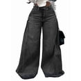 thumbnail image 2 of Womens Bell Bottom Jeans High Waist Stretch Wide Leg Flared Pleated Vintage Casual Loose Denim Pants Black & Gray XL, 2 of 7