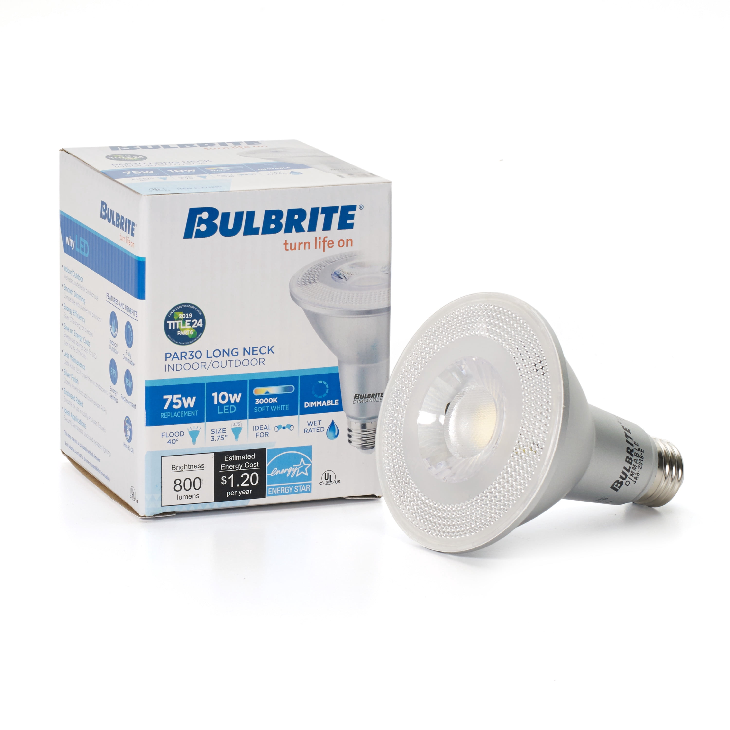 Bulbrite Pack of (6) 10 Watt Dimmable Flood PAR30LN Medium (E26) LED Bulb - 800 Lumens, 2700K, and 90 CRI