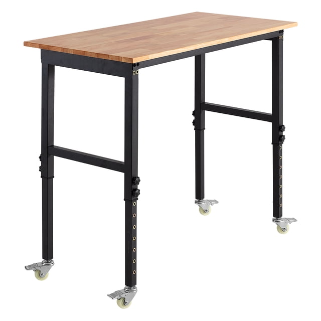 KFFKFF Établi Réglable sur Roues, Capacité de 1500 Lb, Établi avec Dessus en Bois de Chêne de 48 x 24 Pouces avec Réglage de Hauteur de 28,5 à 42,3 Pouces, Table de Travail en Bois Dur et Robuste