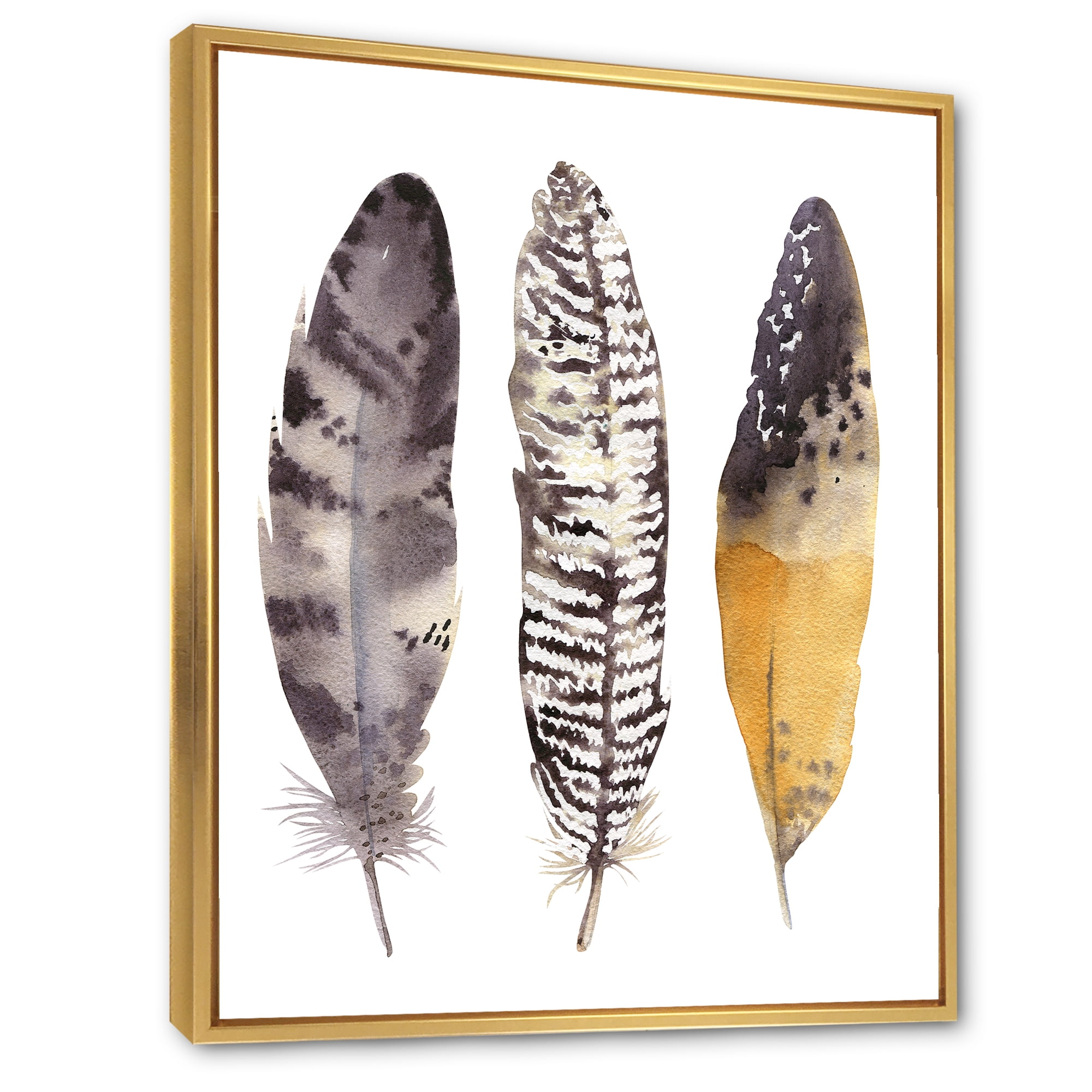 Designart 'Boho Ethnic Art Dark Gray Feathers III' Bohemian & Eclectic Framed Canvas Wall Art Print