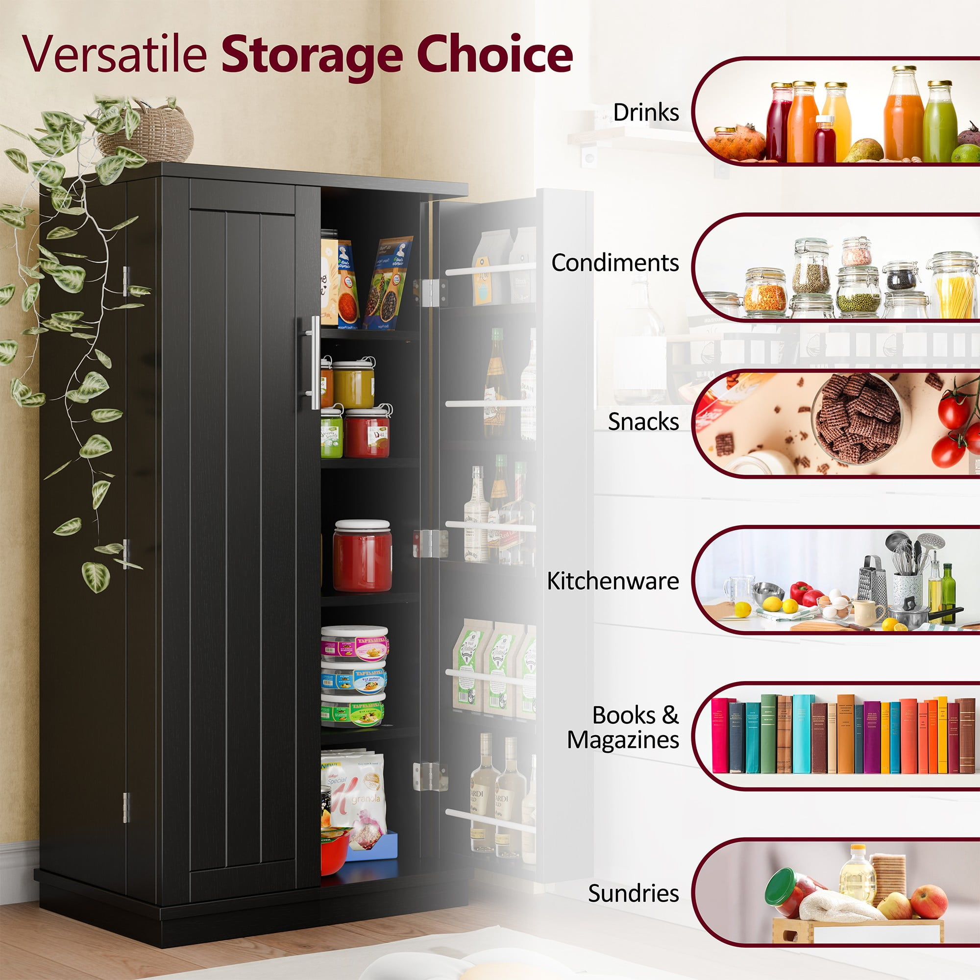 Walsunny Pantry Food Storage Cabinet 47" Free Standing Craft Cupboard with Doors Adjustable Shelves for Kitchen Entryway Dining Room Bathroom Black