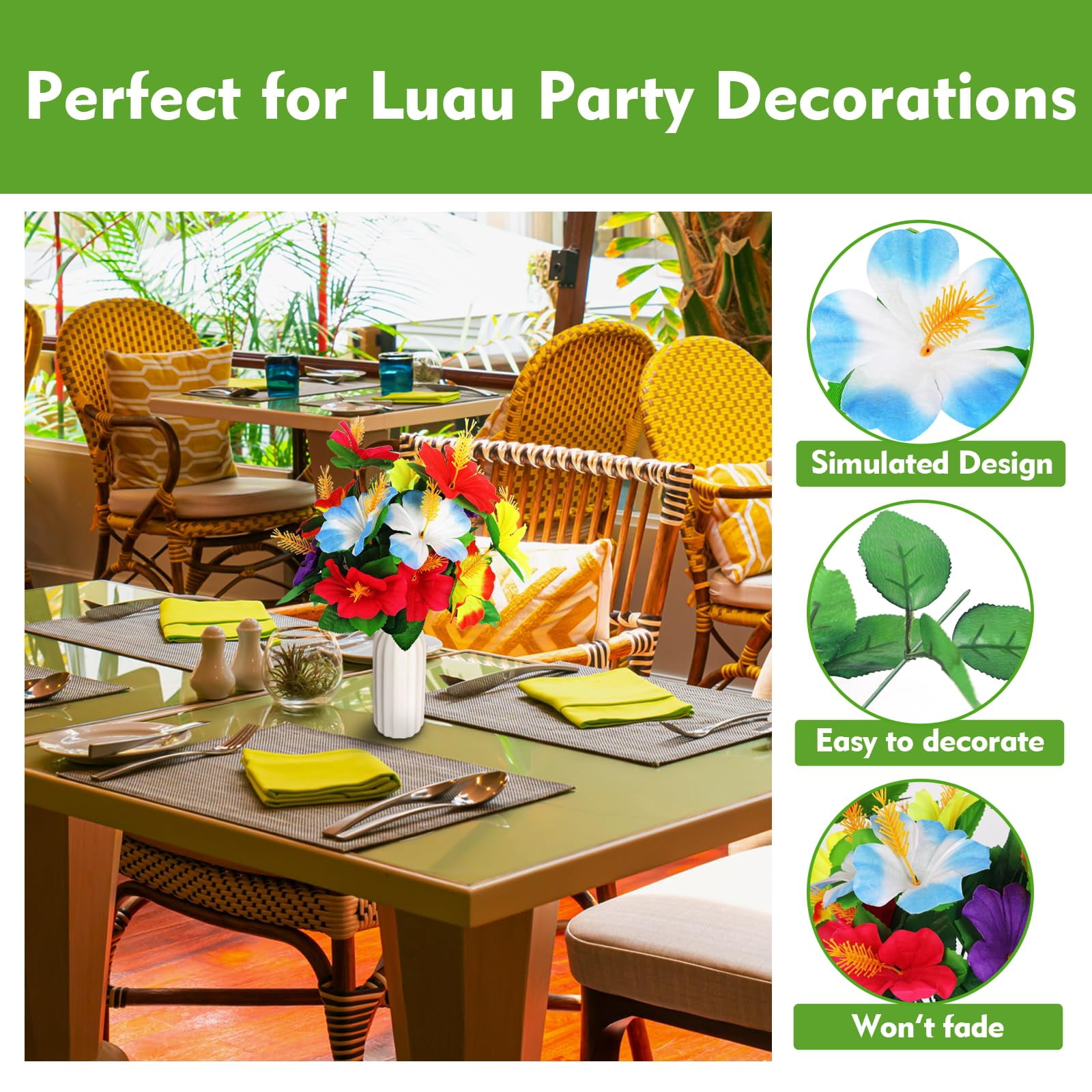 12Pcs Hawaii Hibiscus Flower, 7.87" Faux Hibiscus Flowers Bouquet Artificial Fake Tropical Flowers for Luau Summer Themed Party Favors Home Office Garden Decoration Supplies