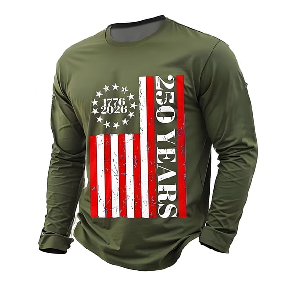 Puliio 250Th Anniversary Us Shirt For Men's American Flag Printing Long Sleeve Crewneck Tee Tops For Celebrate America's 250Th Anniversary(Army Green,L)