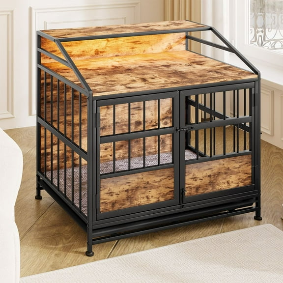 WGYPRIME Multi-function Dog Crate with Storage, Large Wooden Dog Crate Furniture with 2 Doors, Indoor Dog Kennel for Large/Medium Dog