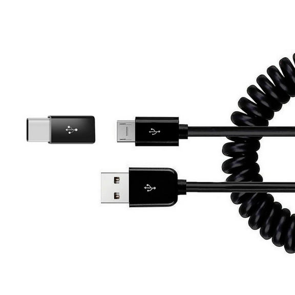 Coiled USB Cable Charger Cord for Samsung Galaxy A06/A16 5G/A26 5G/A36 5G/A56 5G - Micro-USB to USB-C Adapter Power Wire Sync Black