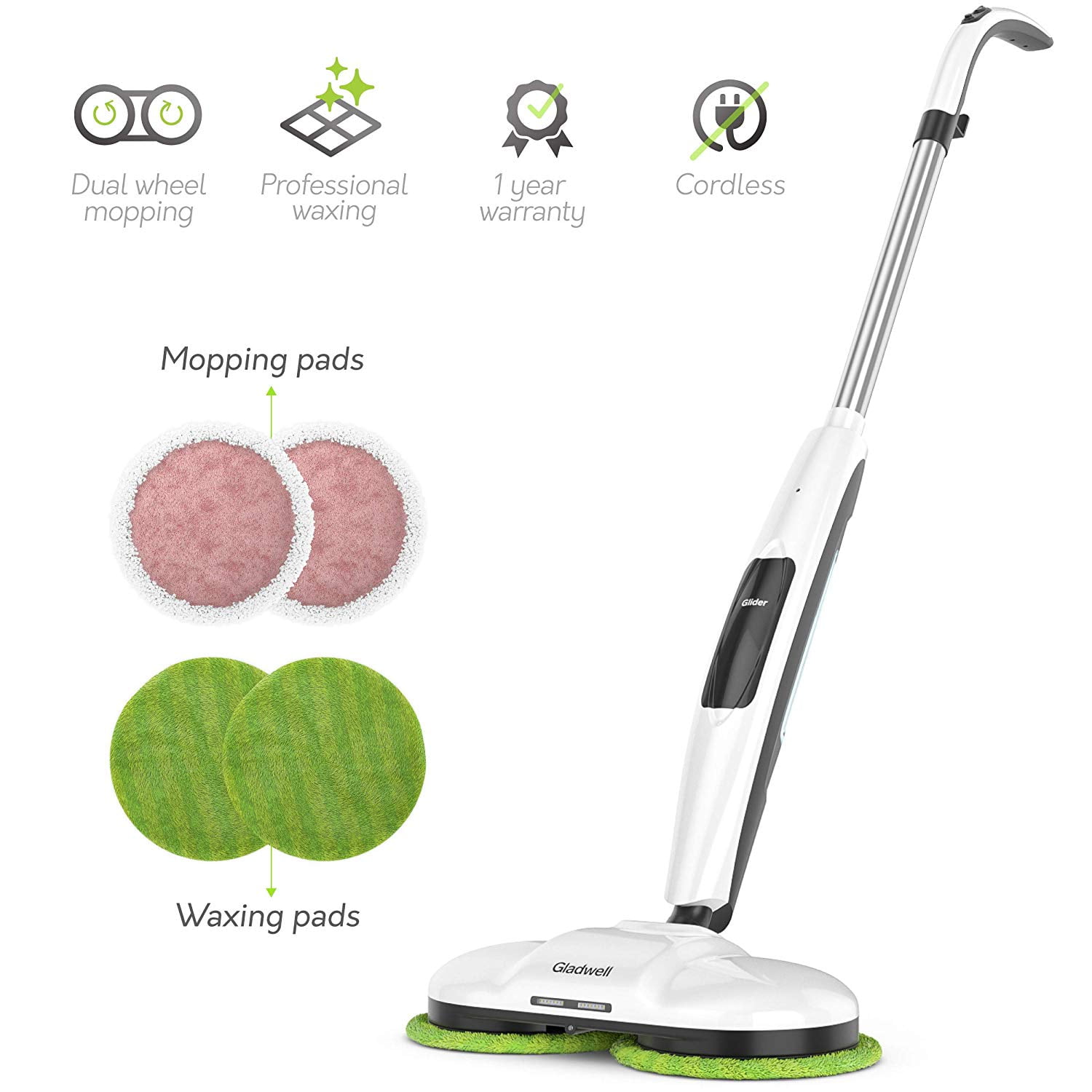Gladwell Cordless Electric Mop, 3 in 1 Spinner, Scrubber and Waxer Quiet  and Powerful Cleaner, Spin Scrubber and Buffer, Polisher for Hard Wood,  Tile