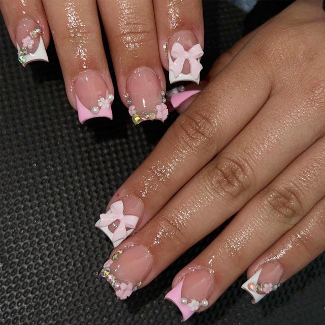Press on Nails GUAACCB con punta francesa rosa con diseño 3D, 24 unidades