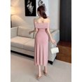 thumbnail image 3 of Pink Off-Shoulder Ruched Slim Fit Midi Dress For Women Elegant Casual Evening Cocktail Dress, 3 of 7