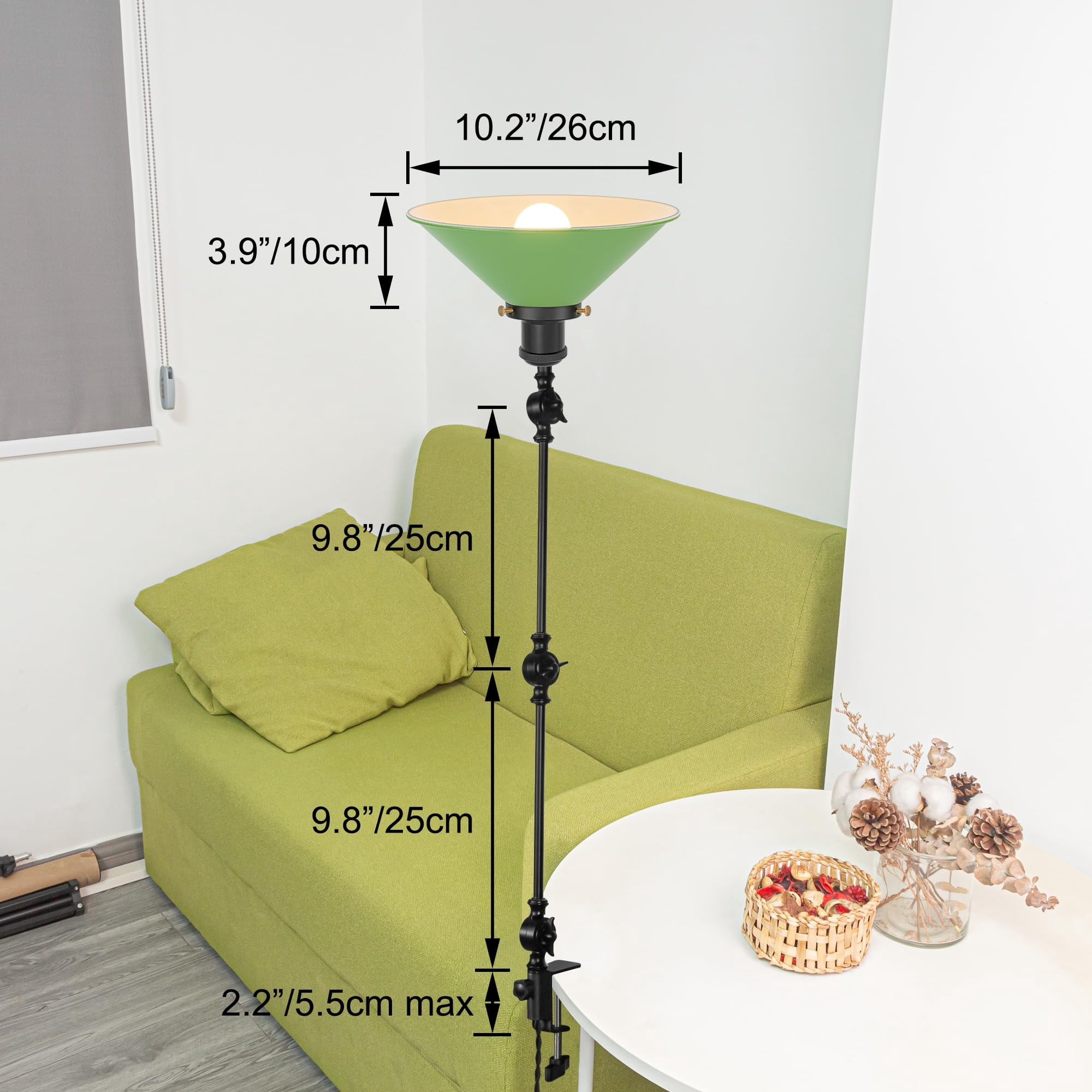 Kiven Dimmable Clip-on Desk Lamp, 1-Light Iron Modern clip on light with Flexible Swing Arm, 8.2FT Plug in Cord, Decorative Clamp Lamp for Bedside Bookshelf Cabinet E26 Sokcet,Green