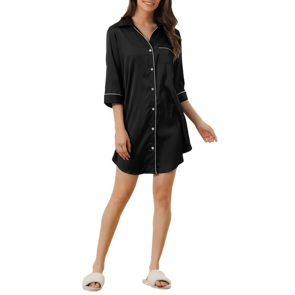 INSPIRE CHIC Women's Pajama Button Down Nightshirt Shirtdress 3/4 Sleeve Mini Nightgown M Black
