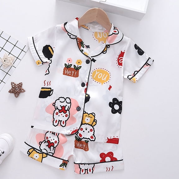 BOOMNY Child Girls Pajamas Sets 2 Peice Cartoon Graphic Short Sleeve Buttons Sleepwear Tops Shorts Pjs Set for Kids Cozy Loungewear Homewear