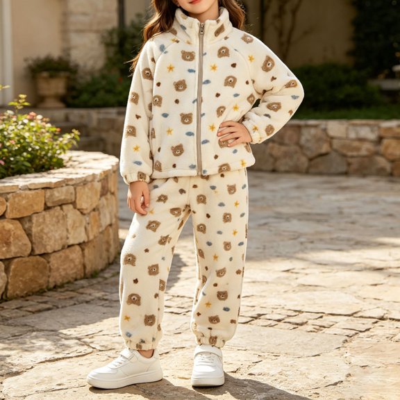 ITSAME Girls Fleece 2-Piece Outfit Zip Up Jacket and Jogger Pants Cute Print Fall Winter Warm Casual Set White Size 12