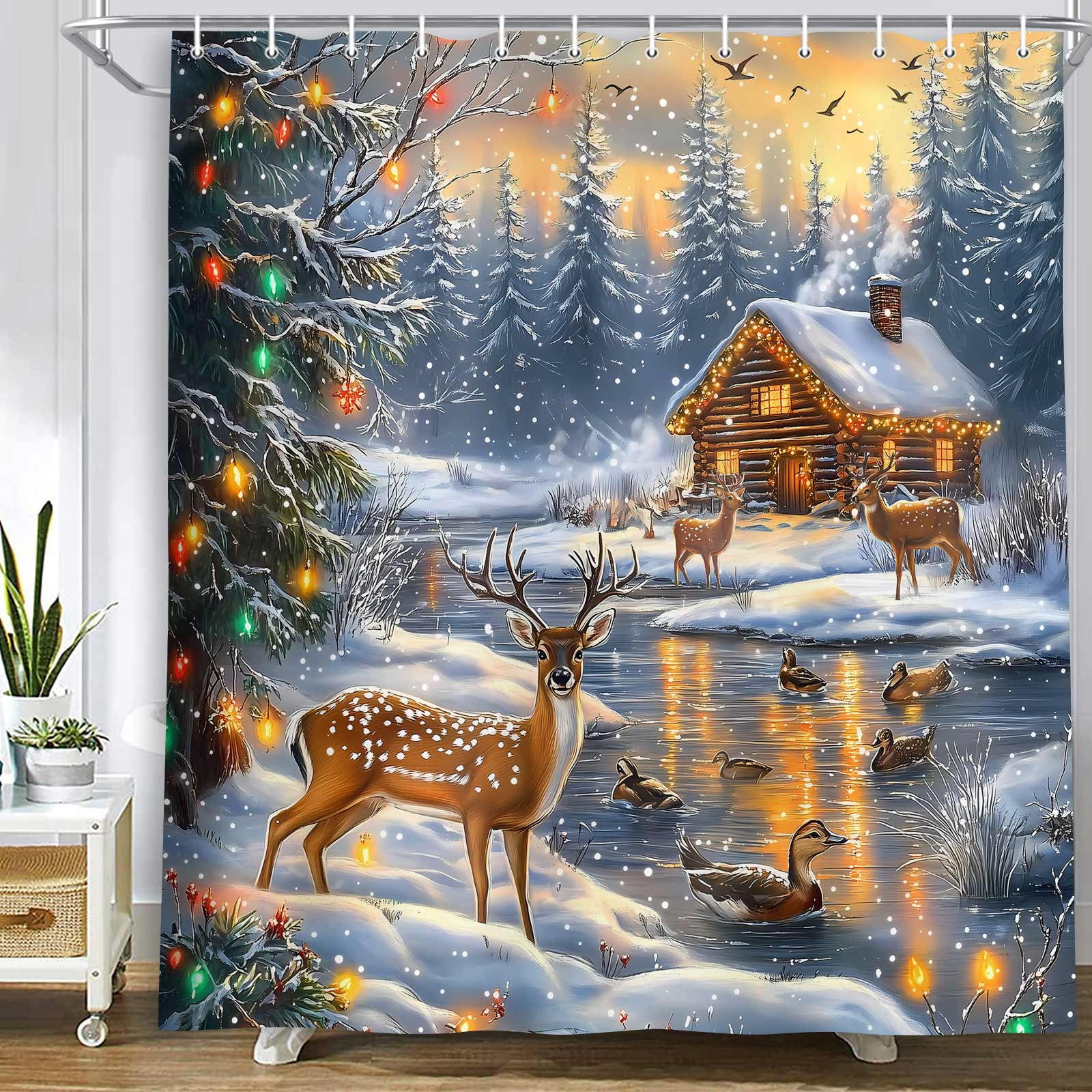 Winter Christmas Deer Shower Curtain, Farmhouse Cabin Hunting Xmas Snowflake Reindeer Nature Forest Snowy Mountain River Scenery New Year Bathroom Decor Curtain Polyester Fabric 70 x 70 Inches
