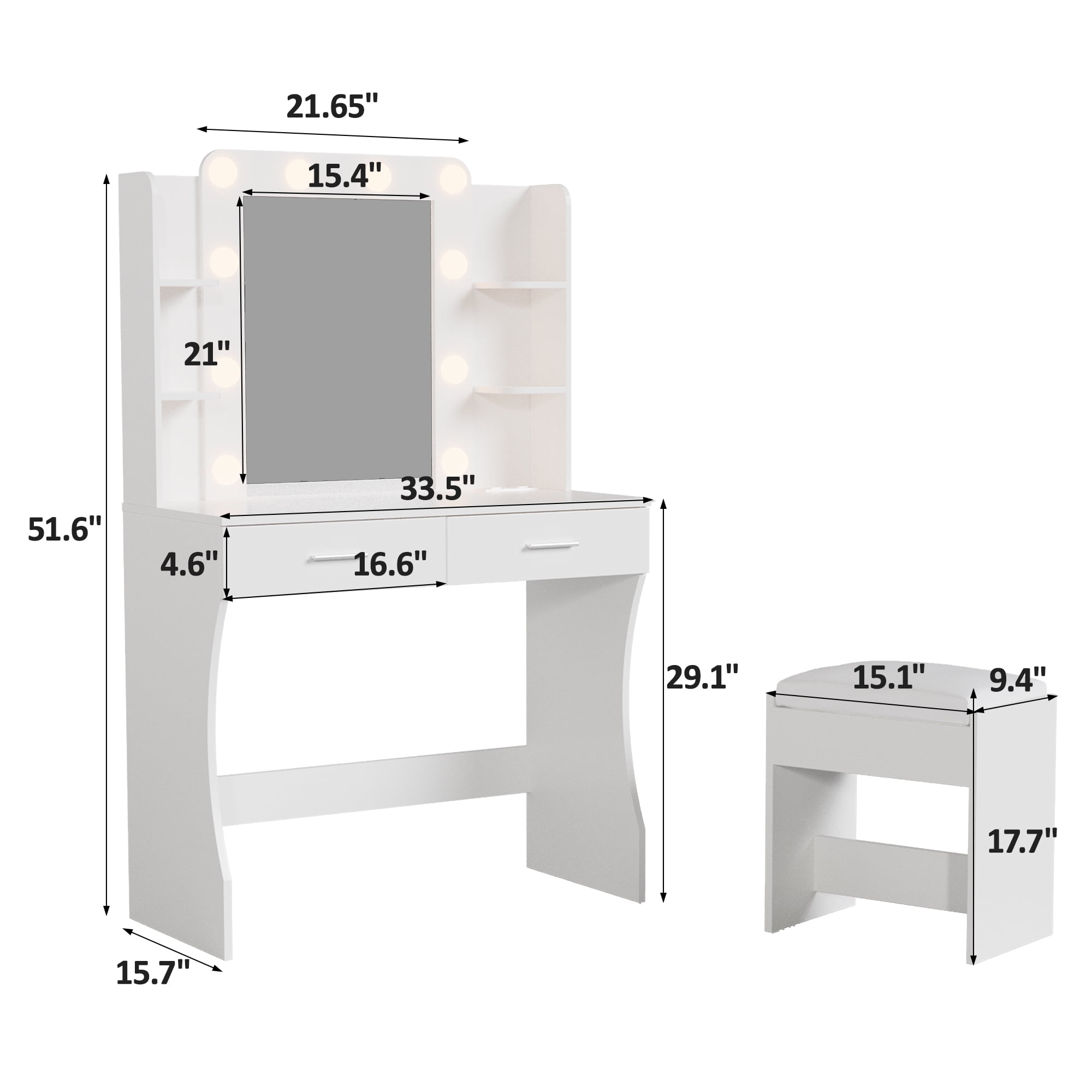 Vabches Vanity Set with Mirror and Lights & Power Outlet Makeup Vanity with 2 Drawers& 6 Shelves, White