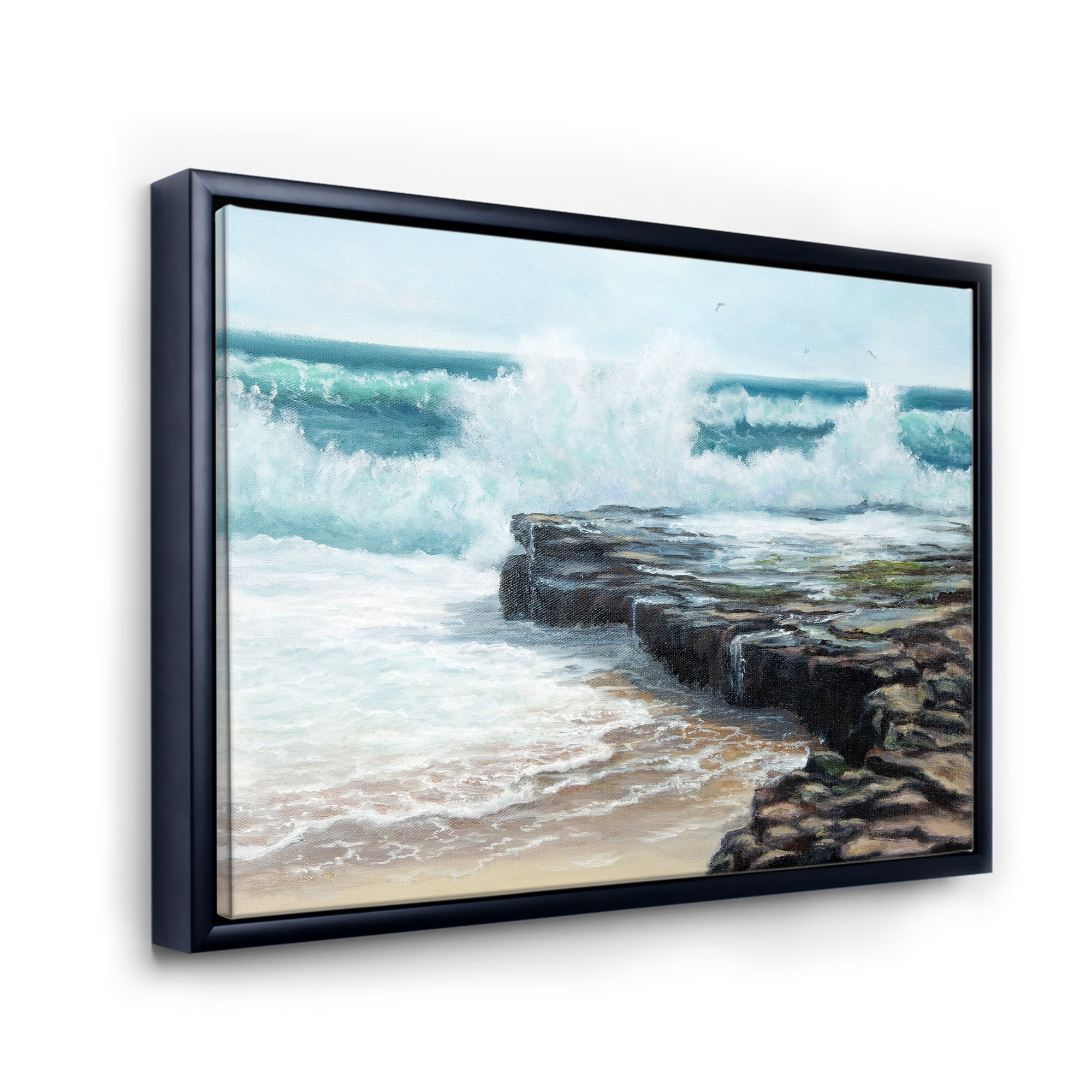 Designart 'Wild Ocean Waves Breaking On The Shore' Nautical & Coastal Framed Canvas Wall Art Print