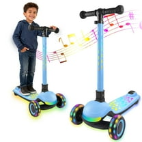 Light Up 3 Wheel Kick Scooter for Kids Toddlers Girls with LED Sync Lights Flashing Stem & Wide Polka Dot Deck Adjustable Height Music Function Safe Sturdy Folding (Light Blue)