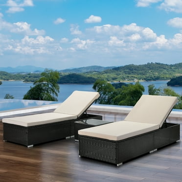 Pool Rattan Reclining Chairs Set of 2, 3 Piece Outdoor Rattan Chaise Chair with Table, Wicker Recliner with Cushioned, Adjustable 5-Position Recliner, Lounger for Patio Beach Pool Backyard, SS712