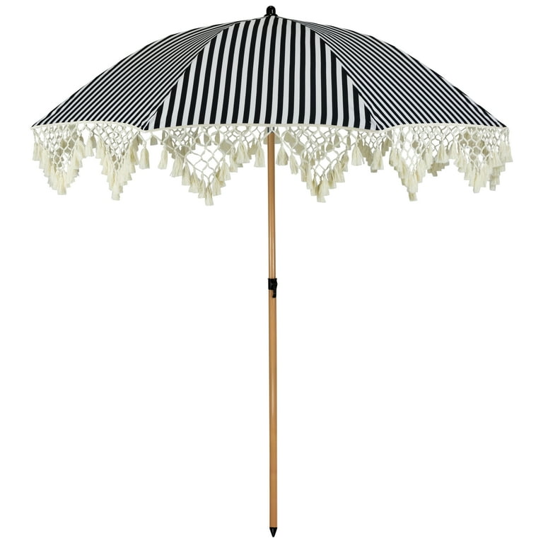 black and white patio umbrella walmart Northlight Striped Outdoor Macrame Boho Beach Market Umbrella with Tilt-  6.5'