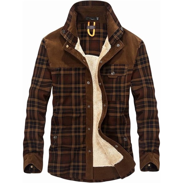 Chaqueta informal de franela a cuadros con botones y forro polar cálido para exteriores para hombre con bolsillos laterales