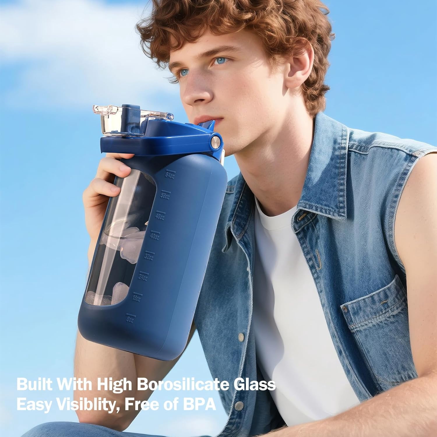 72oz Glass Water Bolttles, 3-in-1 Straw and Sip Spout Handle Lid, Half Gallon Water Bottle with Time Marker and Silicone Sleeve, BPA-Free Sports Water Bottle for Gym, School, Bright Pink