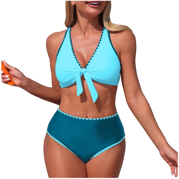 Women's Two Piece High Waisted Bikini Sets Halter Swimsuits Cross Tie Back Color Block Sporty Bathing Suits (XL, Blue)