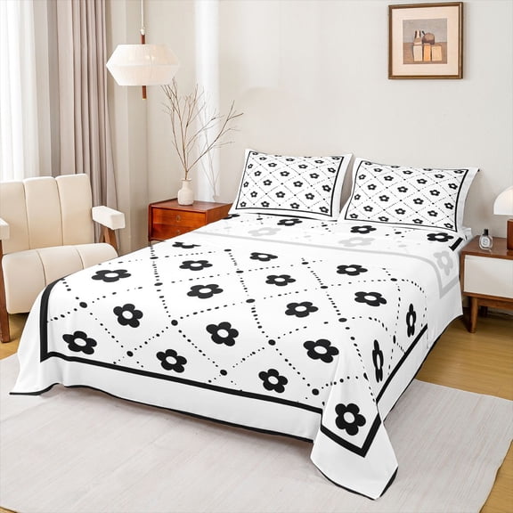 Castle Fairy Groovy Flowers Twin Sheet Sets 3pcs for Boys Girls,Geometric Plaid Grid Twin Fitted Sheet Microfiber,Black White Breathable Flat Sheet,Ultra Soft Home Decor