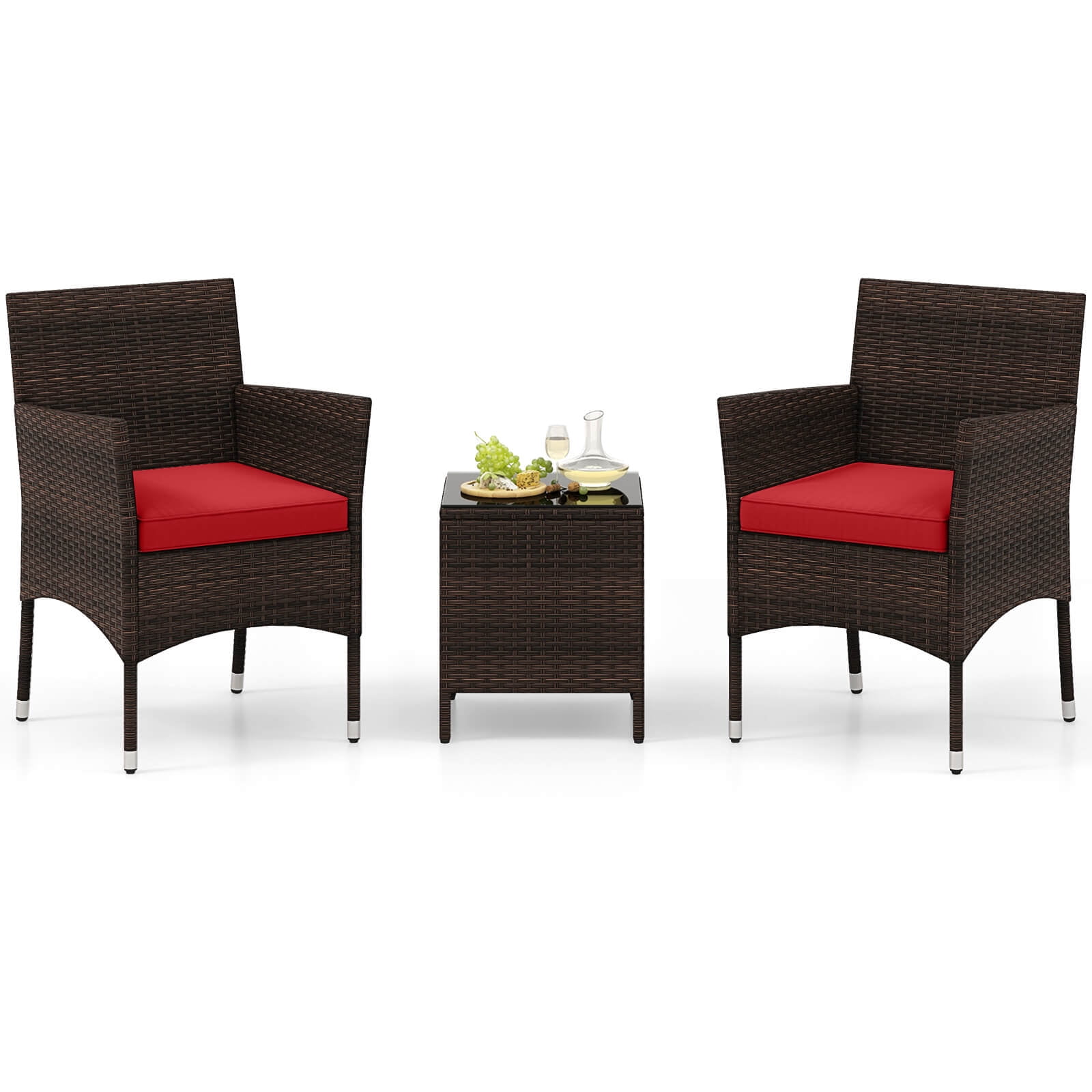 Costway 3PCS Patio Rattan Furniture Set Cushioned Sofa Glass Tabletop Deck Red