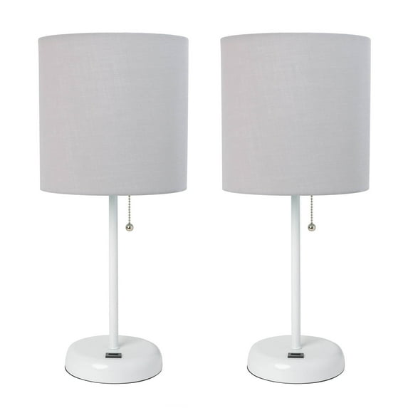 LimeLights Lampe Décorative pour la Maison avec Port de Charge USB, Abat-Jour en Tissu Gris et Base Blanche - Ensemble de 2