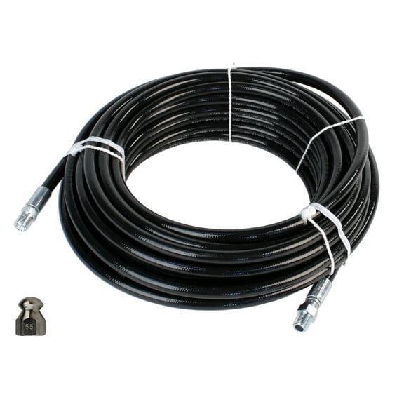 Schieffer 1/4" x 100' 4400 PSI Thermoplastic Sewer Jetter Hose & MTM Hydro 6.5 Orifice Button Nose Nozzle