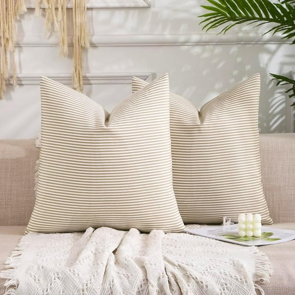 Brown Khaki Tan Striped Decorative Pillow Covers 18x18 Set of 2, Neutral Modern Farmhouse Dark Brown Couch Throw Pillows for Living Room 18 x 18 (No Pillow Inserts)