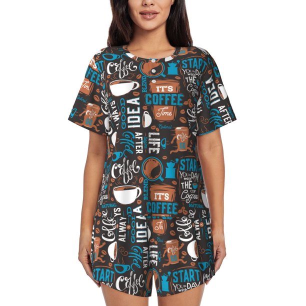 Balery Coffee Lover Print Conjunto de Pijama para Mujer con Estampado, Dos Piezas de Manga Corta y Shorts, Ropa de Dormir Suave con Cuello Redondo y Bolsillos-X-Large