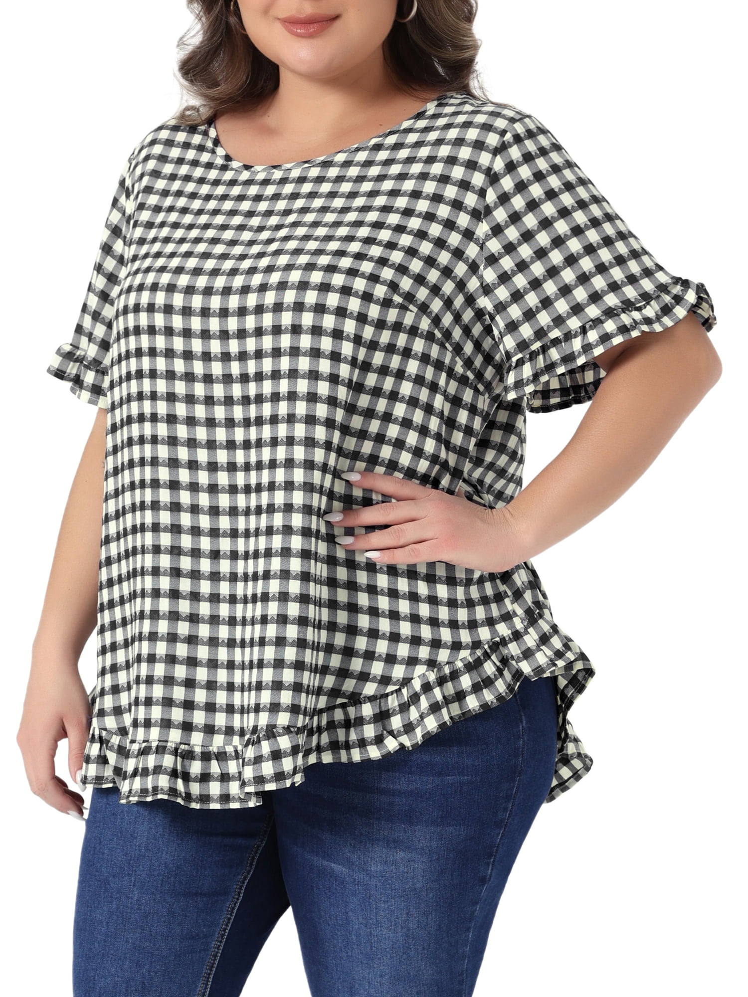 DARING DIVA Women's Plus Gingham 1950s Plaid Round Neck Tops 3X Black